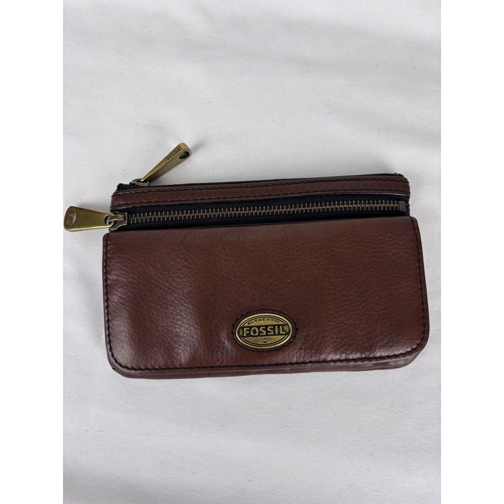 Fossil Brown Leather Bifold Wallet Clutch Organizer Brass Logo Boho Classic